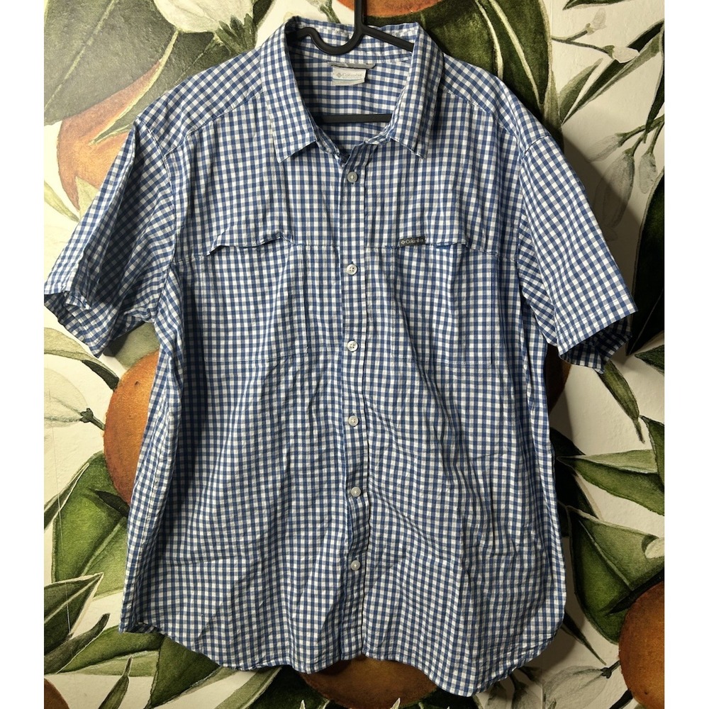 Columbia Mens XL Plaid Blue Button Down Cotton Short Sleeve Shirt Casual Wear